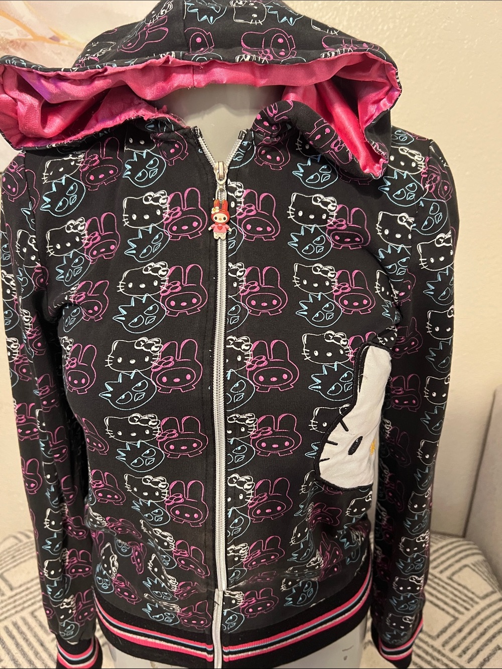 Hello Kitty Black Hooded Zip-Up Sweatshirt  - Pink & Blue Accents